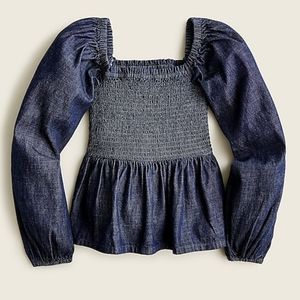 NWT J. Crew Puff Sleeve Dark Chambray Smocked Top Size Small
